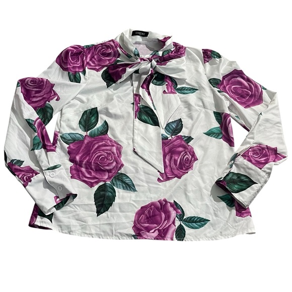 Chime Floral Print Tie-neck Blouse Large Purple Roses on a White Background Sz M - Picture 2 of 9